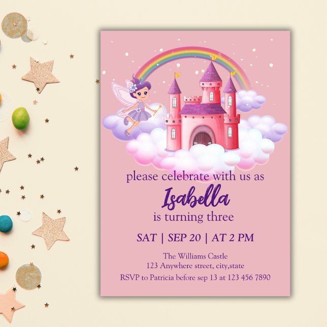 Invitación Fairy Kid's Birthday Fairytale Castle Rainbow  (Subido por el creador)