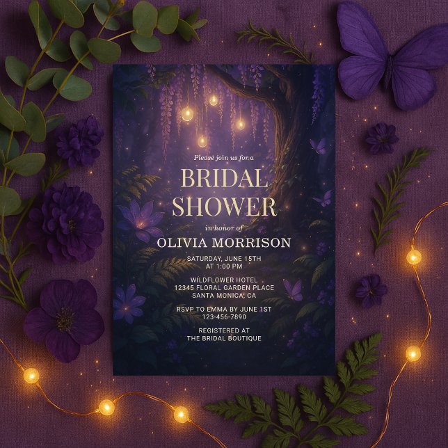 Invitación Fairy Lights Enchanted Forest Purple Bridal Shower (Subido por el creador)