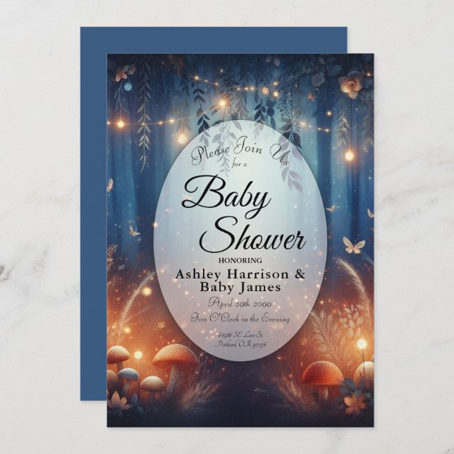 Invitación Fairy Lights in a Moonlit Forest Baby Shower (Anverso / Reverso)