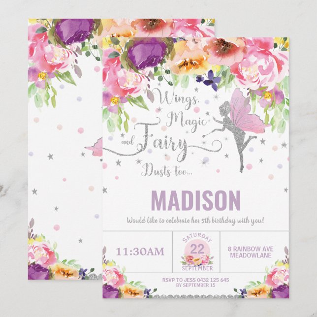 Invitación Fairy Morado de cumpleaños Silver Whimsical (Anverso / Reverso)