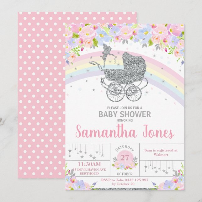Invitación Fairy Pram Floral Silver Baby Shower (Anverso / Reverso)