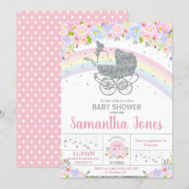 Invitación Fairy Pram Floral Silver Baby Shower