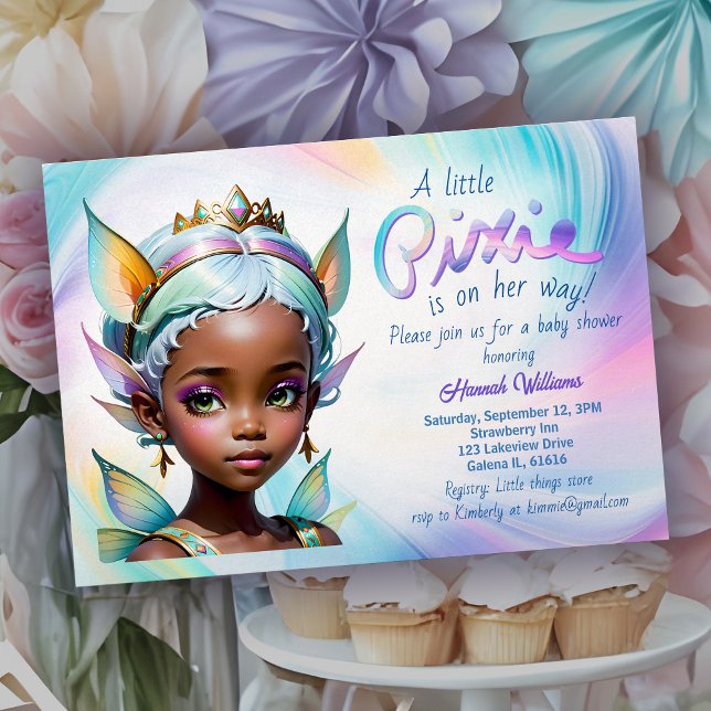 Invitación Fairy Princess Magical Pixie African Baby Shower (African American baby shower invitation with fairy princess and sweet rainbow pastel candy colors)