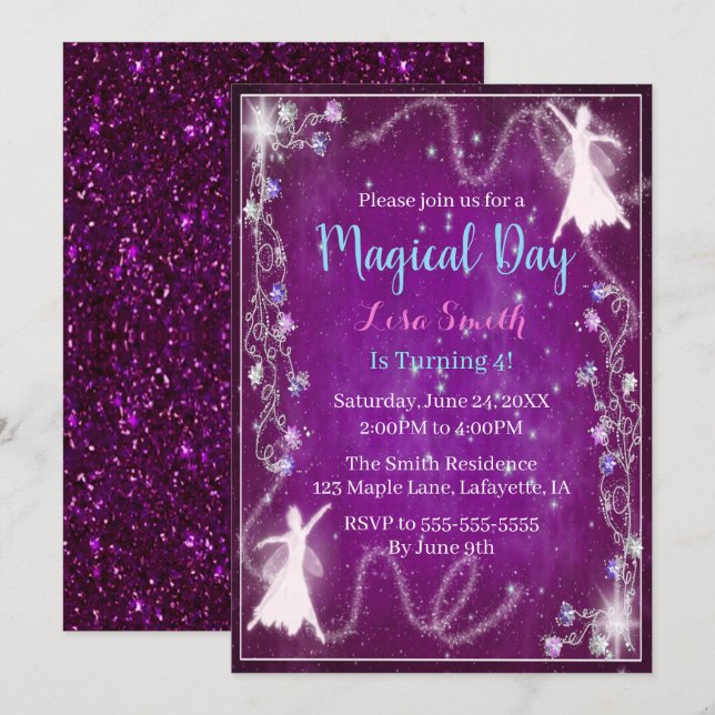Invitación Fairy Purple Starry Night Party (Anverso / Reverso)