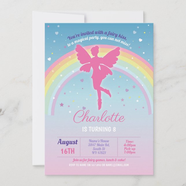Invitación Fairy Rainbow Fiesta Cumpleaños Fe mágicas rosas (Anverso)