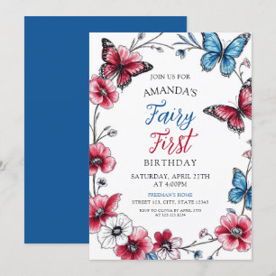 Invitación Fairy Red & Blue Butterfly Floral First Birday