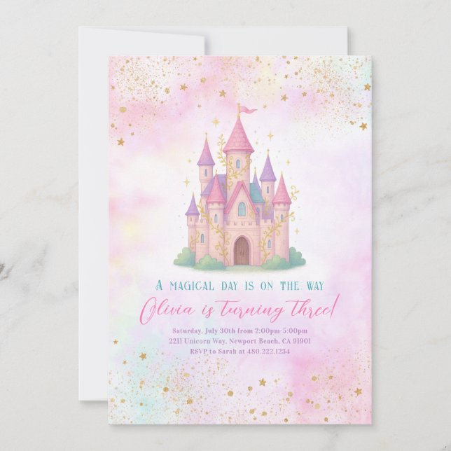 Invitación Fairy Tale Castle Pink Birthday Party Invitation (Anverso)