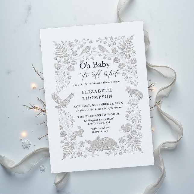 Invitación Fairy Tale del Bosque Forestal Ducha de Bebé Frío  (winter baby shower invitation woodland animals enchanted forest fairytale storybook cold outside)