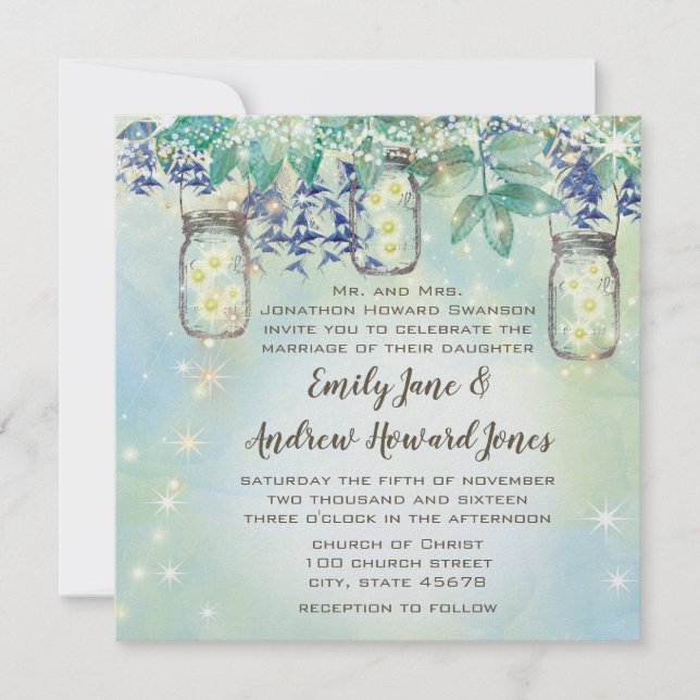 Invitación Fairy Tale Forest Blue Green Mason Jar Boda (Anverso)