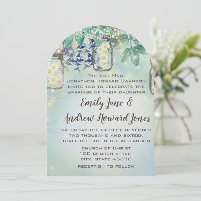 Invitación Fairy Tale Forest Blue Green Mason Jar Boda (Anverso de pie)