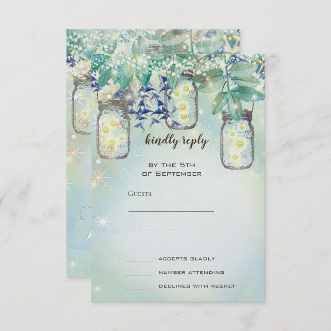 Invitación Fairy Tale Forest Blue Green Mason Jar Boda (Anverso / Reverso)