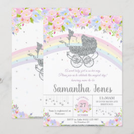 Invitación Fairy Vintage Pram Floral Silver Baby Shower