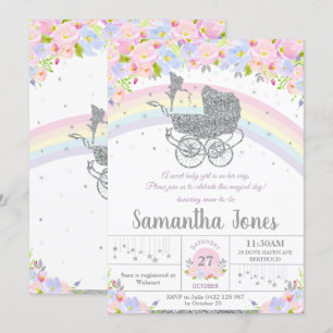 Invitación Fairy Vintage Pram Floral Silver Baby Shower