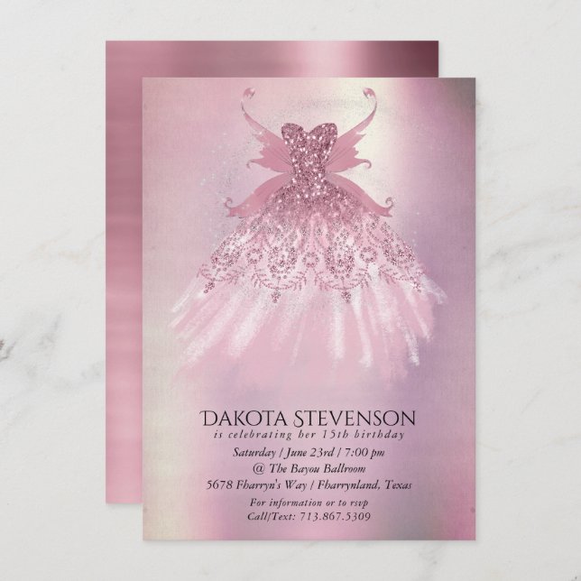 Invitación Fairy Wing Mauve Gown | Deluxo y turbio Sheen rosa (Anverso / Reverso)