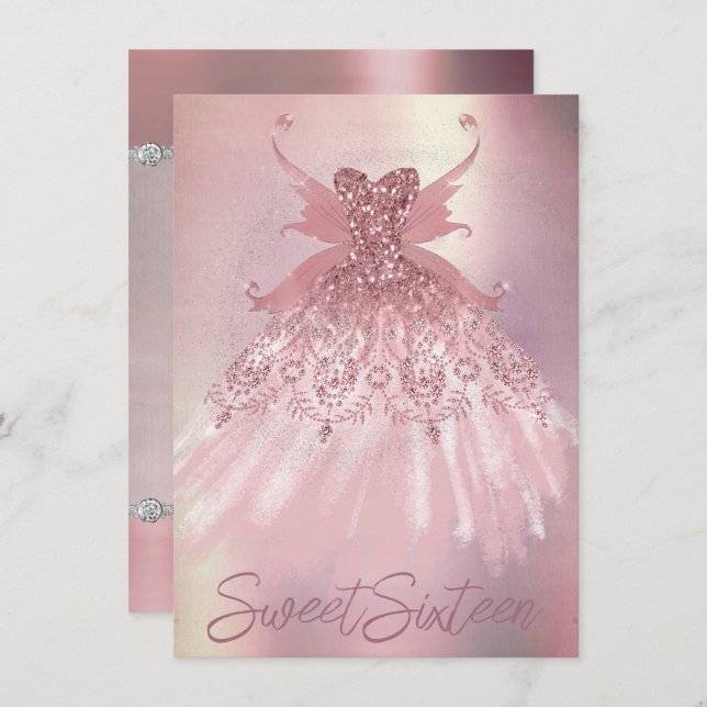 Invitación Fairy Wing Mauve Gown | Deluxo y turbio Sheen rosa (Anverso / Reverso)