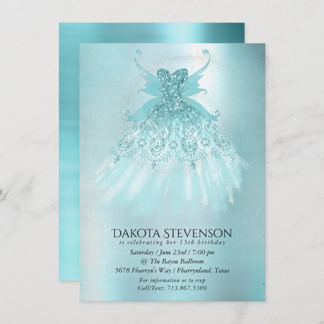 Invitación Fairy Wing Mint Gown | Luxe Pearl Green Aqua Sheen (Anverso / Reverso)