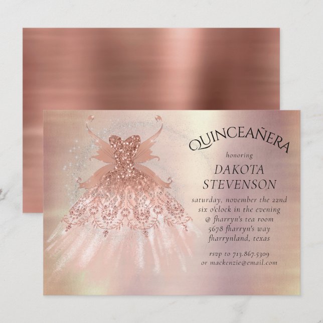 Invitación Fairy Wing Rosa Gold Gown | Terracotta Coral Sheen (Anverso / Reverso)