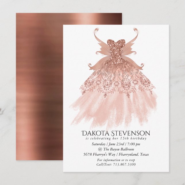 Invitación Fairy Wing Rosa Gold Gown | Terracotta Coral Sheen (Anverso / Reverso)