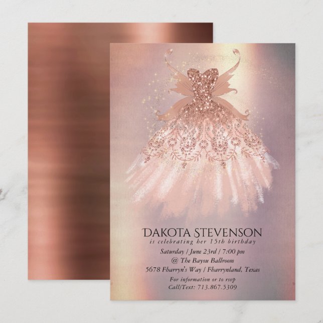 Invitación Fairy Wing Rosa Gold Gown | Terracotta Coral Sheen (Anverso / Reverso)
