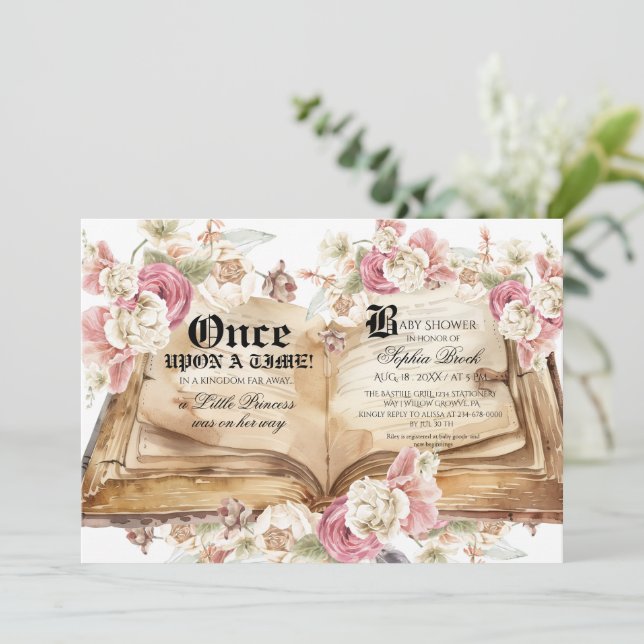 Invitación Fairytale Book Pink Rose Floral Baby Shower (Anverso de pie)