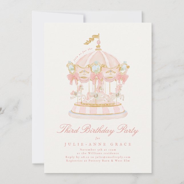 Invitación Fairytale Bows Pink Girl Carousel Birthday Party (Anverso)