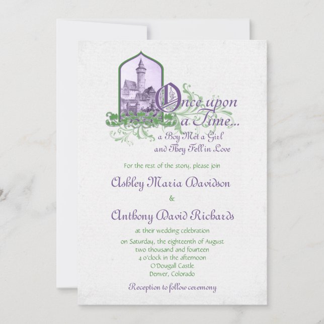 Invitación Fairytale Castillo Verde Morado Una Vez Al Boda (Anverso)