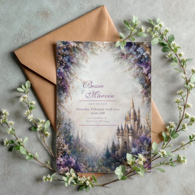 Invitación Fairytale Castle Purple Floral Misty Wedding (Subido por el creador)