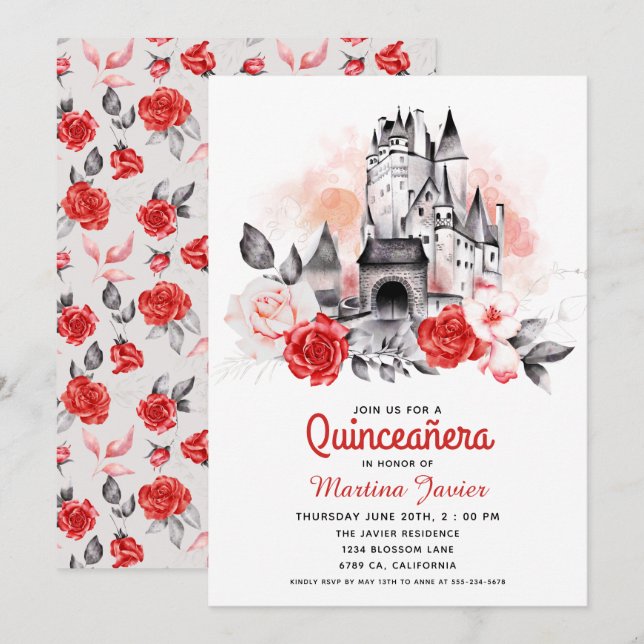 Invitación Fairytale Castle Quinceañera Red Rose15th Birthday (Anverso / Reverso)