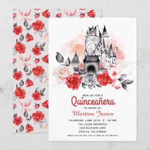 Invitación Fairytale Castle Quinceañera Red Rose15th Birthday