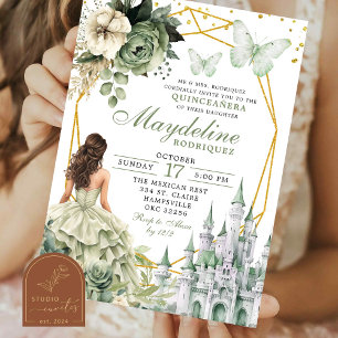 Invitación Fairytale Castle Sage Green Floral Quinceanera