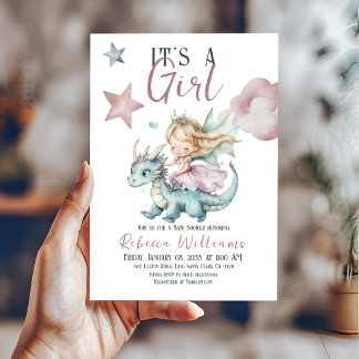 Invitación Fairytale Dragon Dreamy Pink Princess Baby Shower