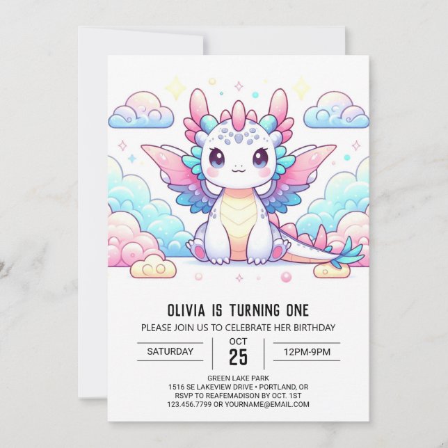 Invitación Fairytale Dragón Moderno Primer Cumpleaños (Anverso)