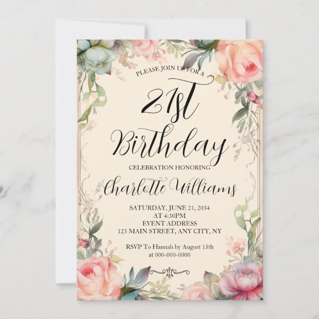 Invitación Fairytale Floral 21 cumpleaños (Anverso)