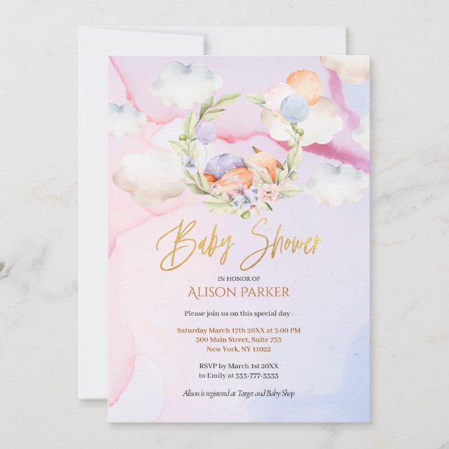 Invitación Fairytale Forest Fox Pink Sky Dream | BABY SHOWER (Anverso)