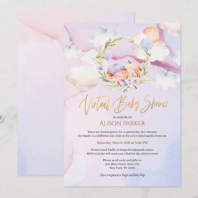 Invitación Fairytale Fox Pink Sky Dream | Baby Shower virtual (Anverso / Reverso)