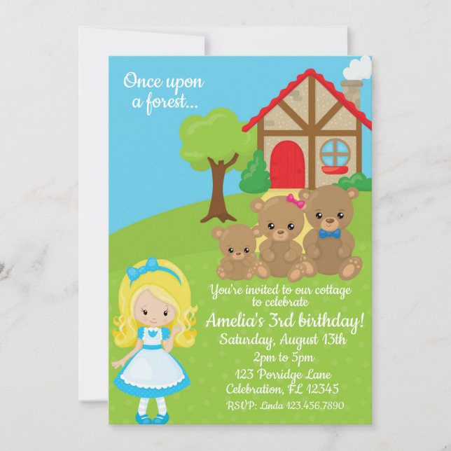 Invitación Fairytale Goldilocks and Bears Chicas Cumpleaños (Anverso)