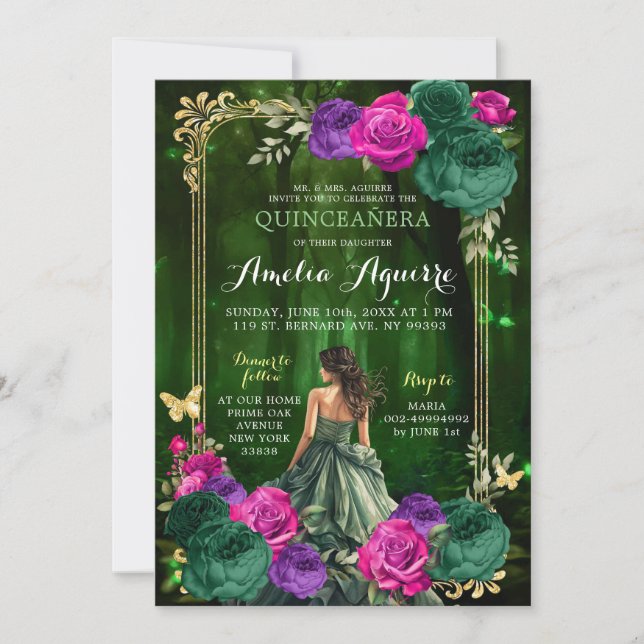 Invitación Fairytale Magnífico Bosque Lilac Verde Quinceañera (Anverso)