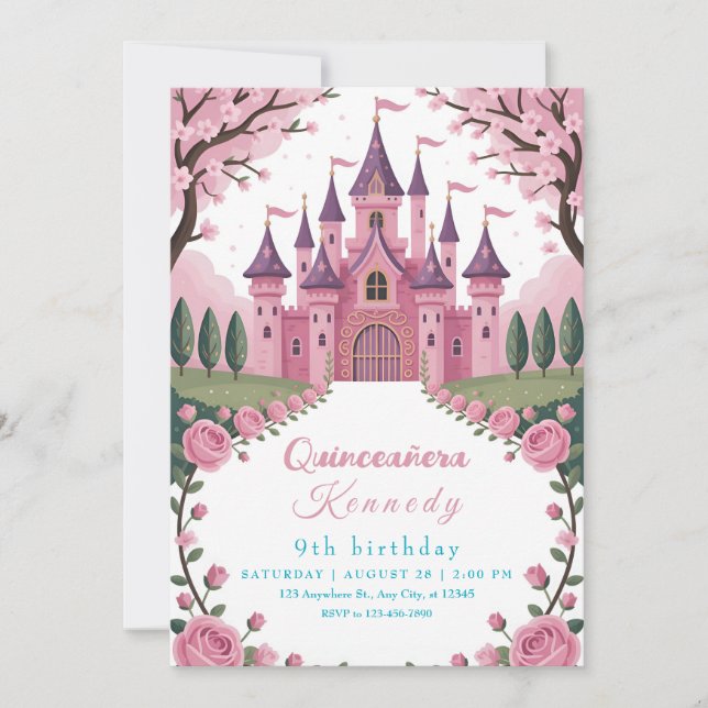 Invitación Fairytale Pink Castle Princess Birthday (Anverso)