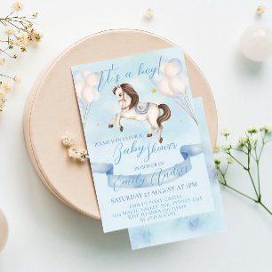 Invitación Fairytale Pony Stars Balloons Baby Shower Boy