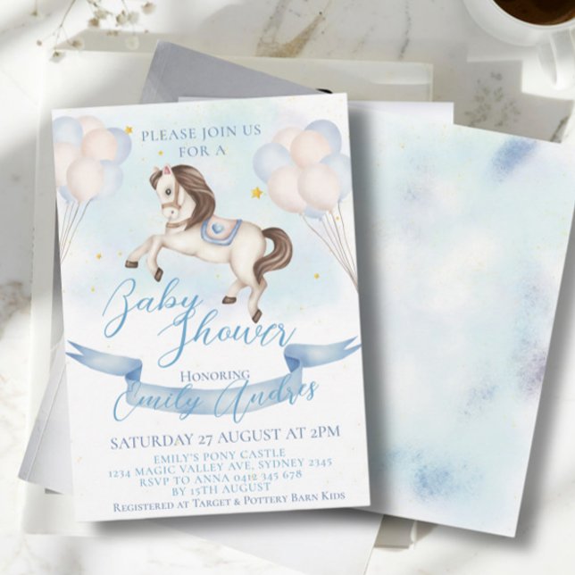 Invitación Fairytale Pony Stars Blue Balloons Baby Shower (Subido por el creador)