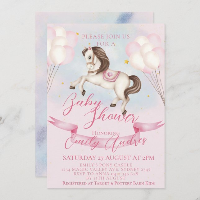 Invitación Fairytale Pony Stars Pink Balloons Baby Shower (Anverso / Reverso)