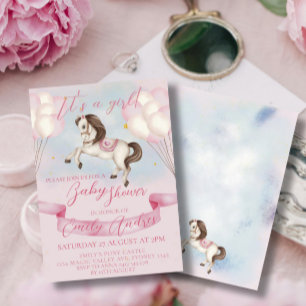 Invitación Fairytale Pony Stars Pink Balloons Baby Shower
