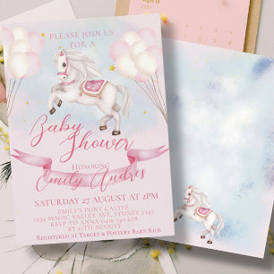 Invitación Fairytale Pony Stars Pink Balloons Baby Shower