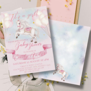 Invitación Fairytale Pony Stars Pink Balloons Baby Shower