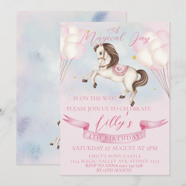 Invitación Fairytale Pony Stars Pink Balloons Birday Party (Anverso / Reverso)