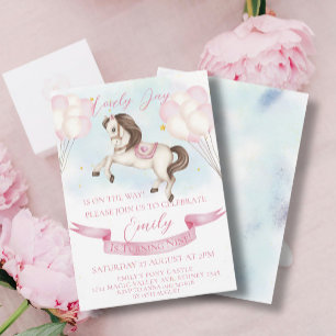 Invitación Fairytale Pony Stars Pink Balloons Birday Party