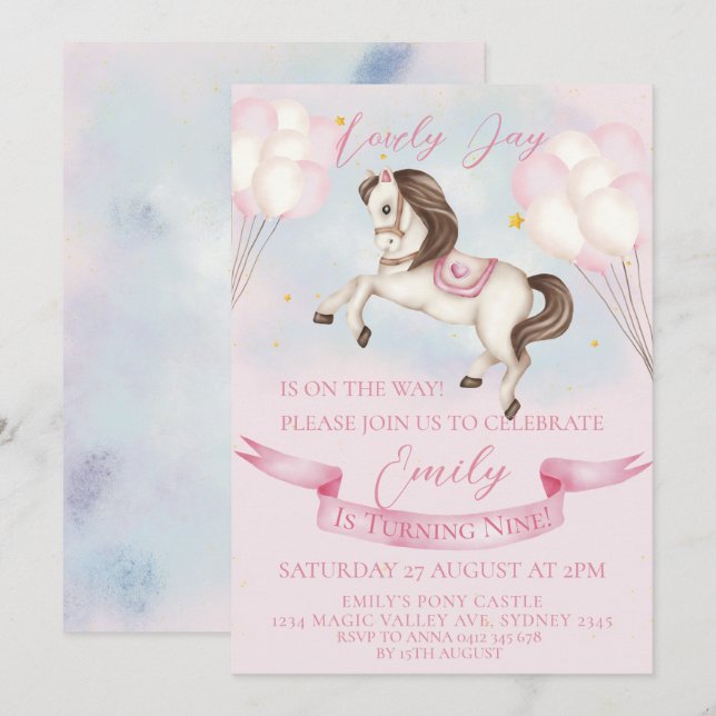 Invitación Fairytale Pony Stars Pink Balloons Birday Party (Anverso / Reverso)