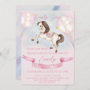 Invitación Fairytale Pony Stars Pink Balloons Birday Party