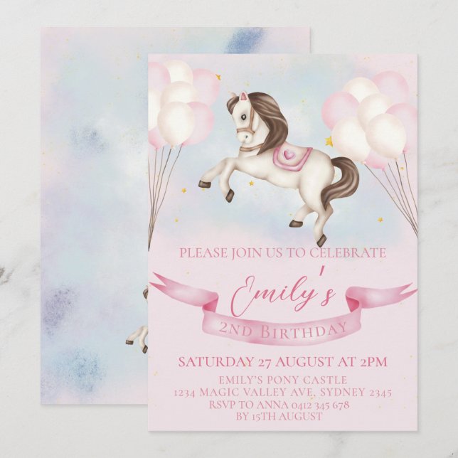 Invitación Fairytale Pony Stars Pinky Balloons Birday Party (Anverso / Reverso)