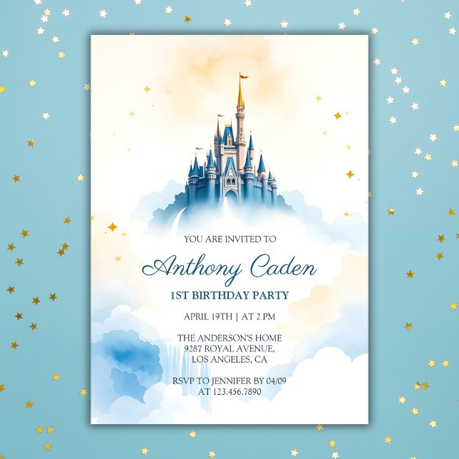 Invitación Fairytale Prince Royal Castle Blue Boy Cumpleaños (Fairytale Prince Royal Castle Blue Boy Birthday Invitation)